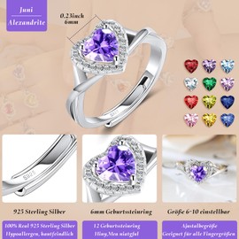 MYBELLNA 925 Sterling Silver Birthstone Rings for Women Love Heart Eternity Band Ring Adjustable Open Heart Ring for Women Girls, Precious metal