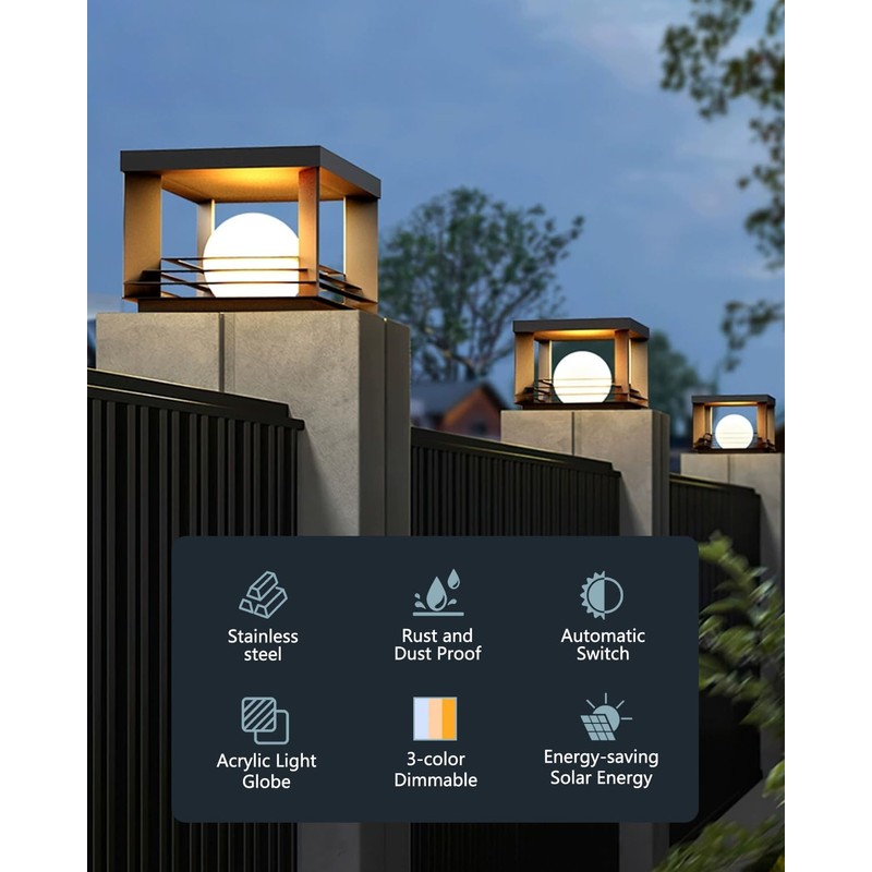 Solar Post Lights Outdoor, Modern Exterior Stainless Steel Pillar Light,