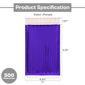 PSBM Purple Bubble Mailers, 6.75x7 Inch, 500 Pack, Shiny Metallic, Padded Glamour Shipping Envelope, Self Seal and Peel Strip