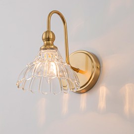 BrkNit Vintage Bathroom Light Fixtures Over Mirror, 1-Light Brass Wall Sconce Lighting with Flower Glass Shade, Farmhouse Vanity Lights for Bedroom Kitchen Living Room Hallway Light