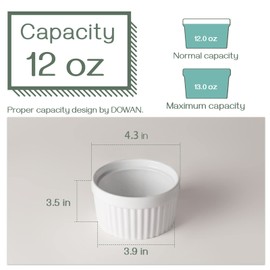 DOWAN 12 oz Porcelain Ramekins Bowls for Souffle, Creme Brulee, French Onion Soup, Classic Style Ramekins for Baking Oven Safe, Set of 6, White