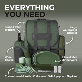 Fern & Soul - Picnic Backpack for 2 or 4, for Mom, Wife, Daughter. Modern Insulated Picnic Basket with Blanket, Wine Cooler (Fern and Moss)