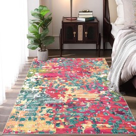 RUGSREAL Large 8x10 Machine Washable Area Rug - Non Slip Accent Boho Chic Abstract Watercolor Design Ultra-Thin Carpet Throw Rug for Bedroom Living Room, Fuchsia/Green