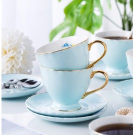 Jusalpha® Fine China Tea Cup and Saucer Coffee Cup Set with Saucer and Spoon Set of 6 (FD-TCS02 blue (6), 7oz)