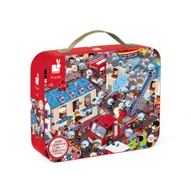 Janod - Extreme Firemen Round Observation Puzzle 208 Pieces - Suitcase with Handle - For children from the Age of 6, J02793