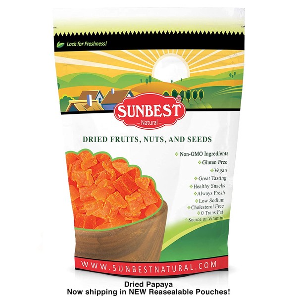 Sunbest Natural Dried Papaya, Chunks, Non-GMO, Vegan, Kosher, 2 Lbs.