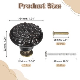 uxcell 10Pcs Ceramic Knobs, 34mm/1.34" Flower Pattern Mushroom Knob Raised Base Drawer Pull Handle Vintage Wardrobe Knobs with Screws for Vanity Bedroom Furniture Closet, Black