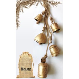 HIGHBIX Set of 5 Rustic Harmony Metal Jingle Bells Cluster Vintage Handmade Lucky Christmas Hanging Mix Décor Bells On Rope (Big)