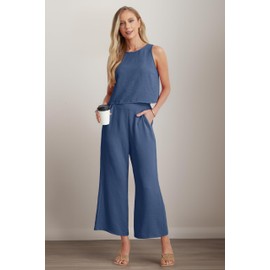 IWOLLENCE Lounge Wear Sets For Women UK 2 Piece Summer Outfits Women Sleeveless Cropped Tank Top and Wide Leg Trouser Set (Dark Blue, L)