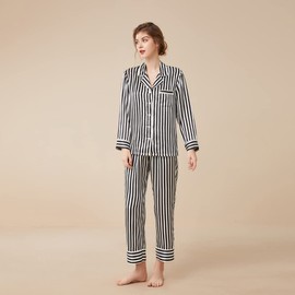THXSILK Silk Women's Pajama 2-Piece Set Medium Size, 6A Pure Mulberry Silk Soft Luxury V Neck Black Striped Long Sleeve Tops Nightwear with Long Pants