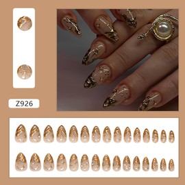 24Pcs Gold French Tip Press on Nails Short Almond Fake Nails with 3D Irregular Gold Chrome Design Full Cover Glue on Nails Glossy Star False Nails Stick on Nails for Women Nail Decoration Kits