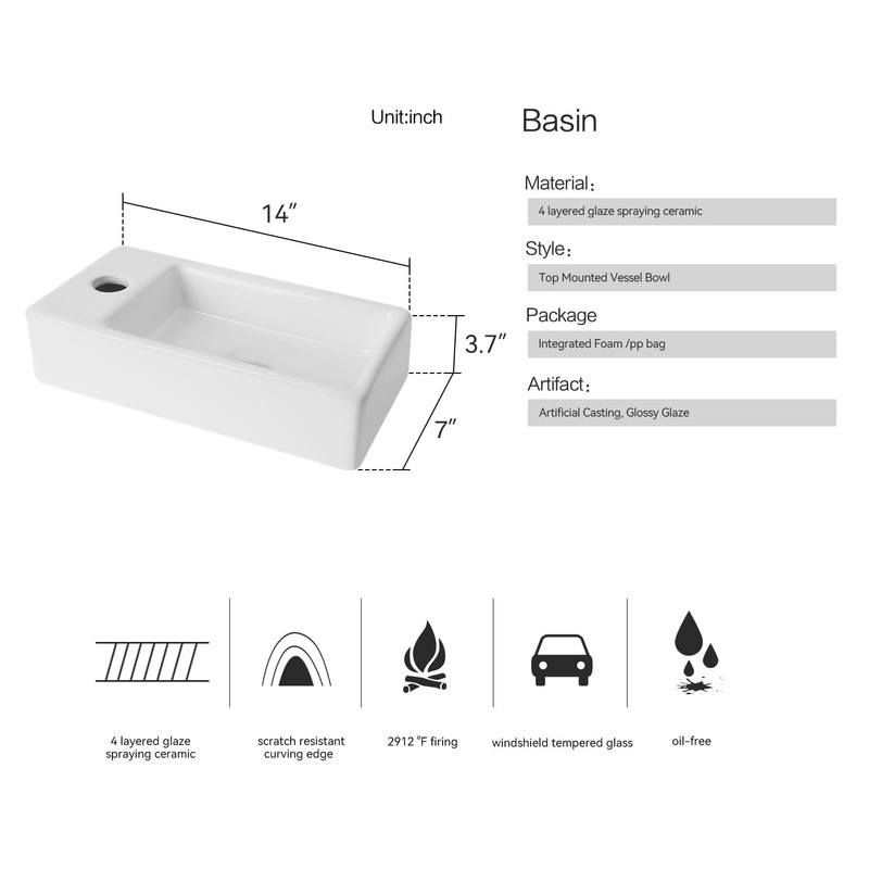 White Wall Mounted Ceramic Bathroom Sink, 7" x 14" Rectangle