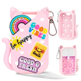 HESUSLA Cat Silicone Case for Touchland Hand Sanitizer Spray with Keychain & Charms,Compatible with Power Mist & Glow Mist 1 FL Oz/30ML for Touchland Case,Cute Travel Cover Sleeve Accessory (Pink Cat)