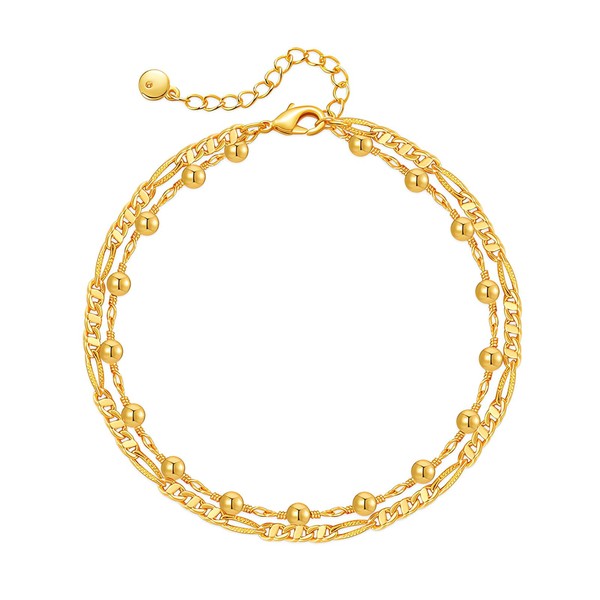 Jewlure 18K Gold Plated Figaro Chain Anklet with Beaded Details,
