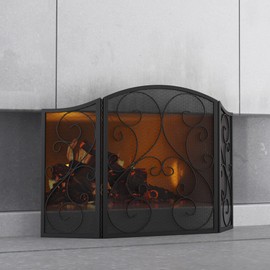 Fire Beauty Fireplace Screen 3 Panel Wrought Iron Metal 48"(L) x30(H) Spark Guard Cover(Black)