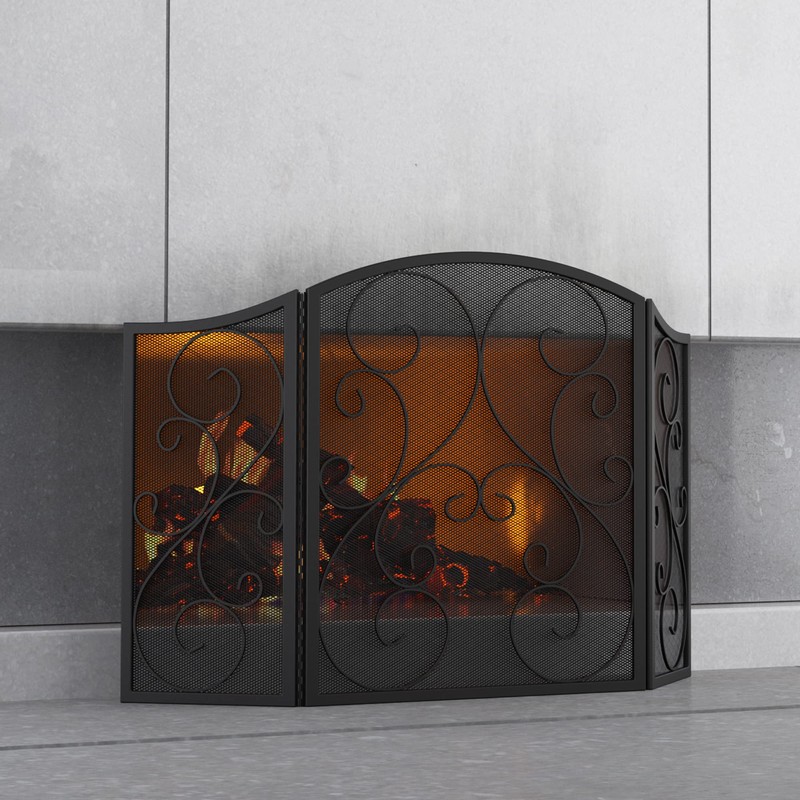 Fire Beauty Fireplace Screen 3 Panel Wrought Iron Metal 48"(L)
