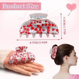 Valentine Hair Clips for Women Heart Hair Claw Clips with Silver Glitter Design for Thick Hair French Hair Barrettes Accessories (Red Heart)