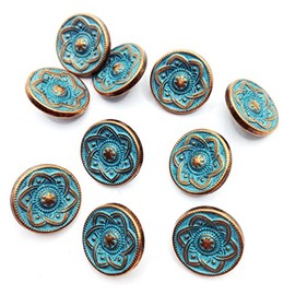 KARMELLING 10PC Metal Sewing Shank Buttons, Antiqued Copper Spray Painted Blue Flower Pattern Round Button 15mm(5/8")