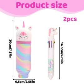 LandReCol Set of 2 Pencil Cases Girls 2-in-1 Kawaii Pencil Case Unicorn & 10 Colours Roller Ball Multicoloured Pen Set for School/Office/Children - Learning Supplies with Zip