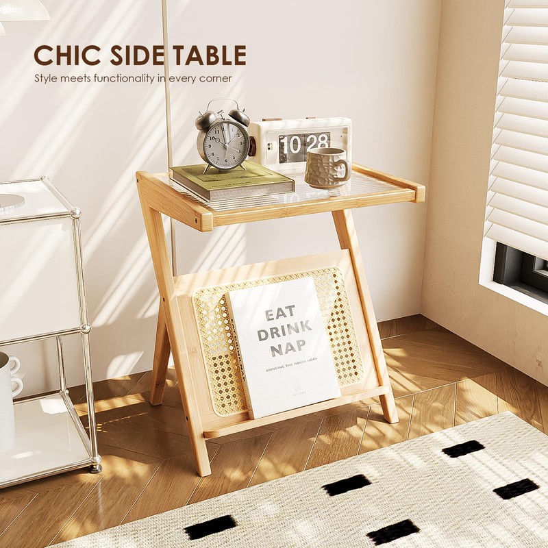 Bamworld Rattan Side Table Boho Night Stand Glass Bedside Small