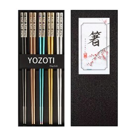 YOZOTI Stainless Steel Chopsticks, Reusable Chopsticks, 5 Pairs Dishwasher Safe Metal Chopsticks, Easy to Use, Square Lightweight Chopsticks Gift Set (Multicolor)