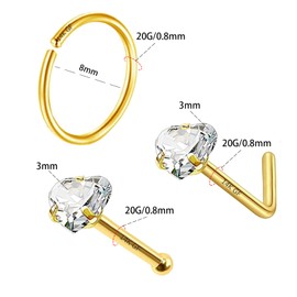 CHARMONLINE 3 Pcs 14K Gold Filled Nose Studs 20G Stainless Steel Stud Nose Ring 2mm/2.5mm/3mm Round CZ L Bend Nose Stud Hypoallergenic Nose Piercing, 20G, Stainless Steel, cubic zirconia