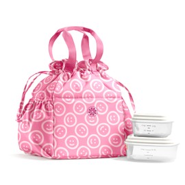 Fit & Fresh Cromwell Drawstring Lunch Bag for Women, Complete Lunch Set with 2 Containers, Stain-Resistant, Leak-Resistant, Back to School Essential, Teacher Lunchbox, All Smiles Fuchsia