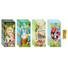 Jagrove Cellophane Treat Bags with Gold Twist Ties 100 Pieces Bunny Chick Eggs Print Plastic Bags Goodie Cookies Candy Bread Gift Bags for Easter Party Supplies