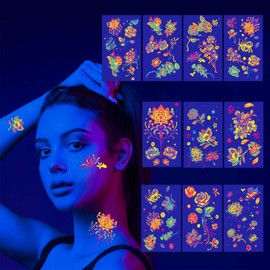Jastli 10 Sheets Glow in The Dark Temporary Tattoos Waterproof Neon UV Blacklight Body Face Flash Fake Tattoo Stickers Rave Party Supplies (TP-2)