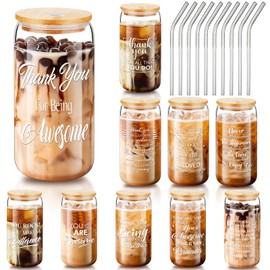 Inbagi 10 Sets Employee Appreciation Gifts 16 oz Inspirational Glass Drinking Cups with Lids Straws Thank You Gifts for Team Coworker Housekeeping Staff Teacher