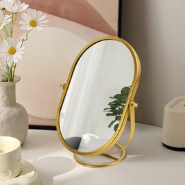 KIGOTWIN Vanity Desk Table Oval Makeup Mirror 360 Degree Adjustable Rotation Golden Metal Framed Standing Mirrors, 9.5X7 Inch, Home Decoration for Living Room, Bedroom, Tabletop, Bathroom (Golden)