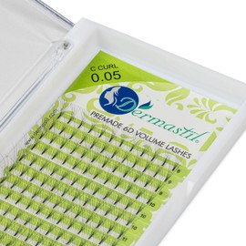 Dermastil 6D Premade Handmade Volume Eyelashes, C Curl, Thickness 0.05 mm, Ready Fan without Knots for Eyelash Extension, PBT Vegan, 16 Strips Box (Mix Lengths)