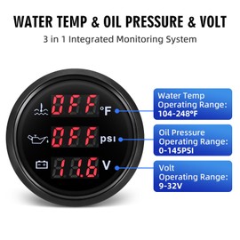 Triple Gauge Set 3 in 1 (Oil Pressure PSI + Watertemp °F + Volt) 2-1/16" 52mm Car Meter Auto Gauge Set with Water Temp & Oil Pressure Sensor for Car Truck Boat Vehicle Marine