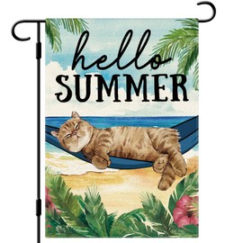 DLZDN Hello Summer Cat Garden Flag Beach Cat Garden Flag 12×18 Inch Double Sided Vertical Burlap Summer Coastal Seasonal Tropical Ocean Yard Flag Outdoor Decoration
