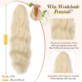 Wodelanle Ponytail Extension, 20 Inch Drawstring Ponytail Extension Long Blonde Wavy Pony Tails Hair Extensions Synthetic Clip in Fake Ponytail Hairpiece for Women(Bleach Blonde)