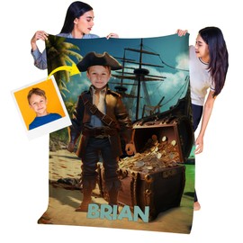 Custom Blankets with Photos, Soft Throw Blanket with Pictures Customized with Your Face Name, Pirate Gifts for Kids, Pirate Party Favors, Kids Blanket 30 x 40, Gifts for Boys 3-5 Years Old KC81