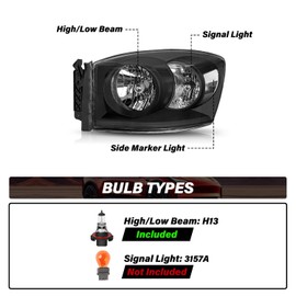 Bingbingmotor BRYGHT Anti-Fogging Headlight Assembly Fit For 06 07 08 2006 2007 2008 Dodge Ram 1500, 06 07 08 09 2006-2009 Ram 2500 3500 OE Style Pair Set Black Housing & Clear Reflector with Bulbs