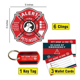 Pet Alert Stickers Static Cling Window Decals Emergency Pets Rescue Sign (6 Pack) with Bonus: Pet Home Alone Wallet Card & Key Tag - NO Adhesive, Removable, UV Resistant