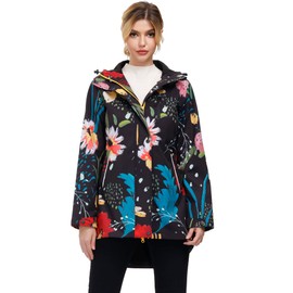 MOHEEN Women Long Fleece Lined Shell Winkbreaker Raincoat with Hood Printed Rain Jacket S