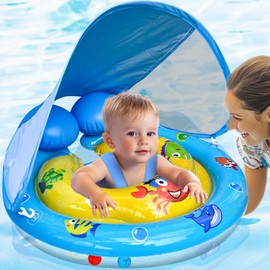 Baby Pool Swimming Float with Removable Canopy & Adjustable Seat - UPF50+ Sun Protection, Double Tail Airbag for Stability - Safe Pool Float for Infants Toddler 6-36 Months,Extra-Wide Baby Swim Ring