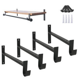 AddGrace Closet Rod Bracket Heavy Duty Shelf Brackets 12 Inch Black Wall Mounted Closet Rod Support with Pole Holder Industrial Iron Shelving Supports with Hook (4 Pack)