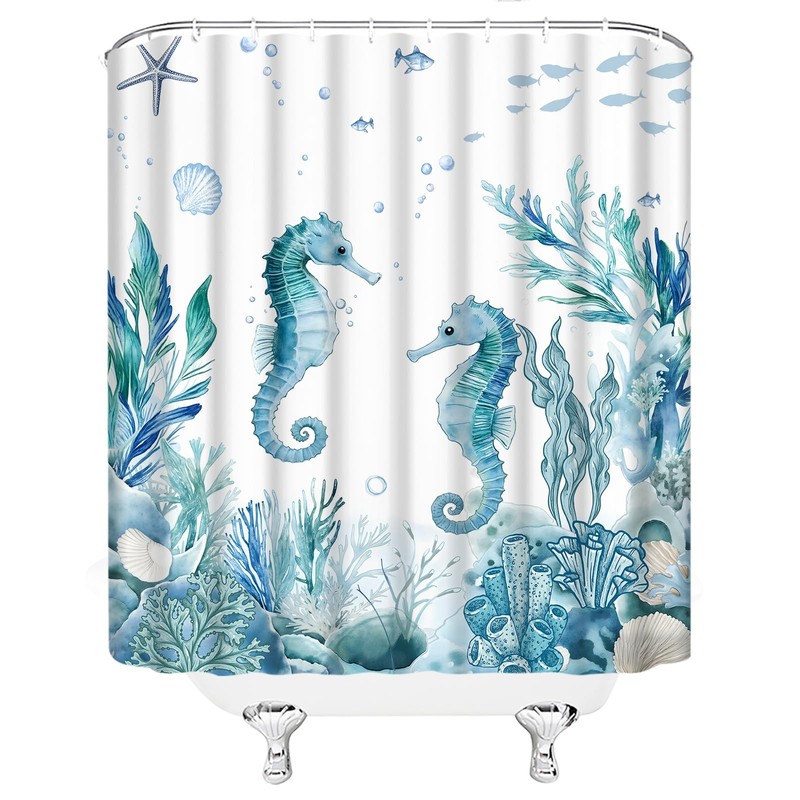 Coastal Seahorse Shower Curtain Nautical Fish Coral Seashell Starfish Beach