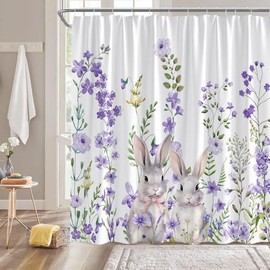 AMHNF Easter Shower Curtain Bunny Floral Rabbit Purple Flower Spring Holiday Festival Nature Rustic Bathroom Decor Fabric Curtain with Hooks, 8375AL