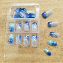 Press on Nails Medium Square Ombre Acrylic Nails Press ons Gold Lines Fake Nails Glitter Glue on Nails Blue to Transparent Gradient Full Cover Stick on Nails for Women 24 Pcs