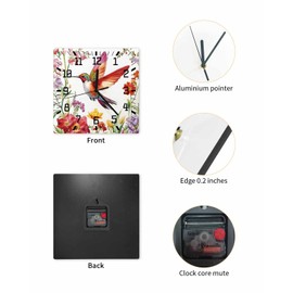 wanqinghui 10 Inch Wall Clocks Battery Operated, Colorful Hummingbird Spring Wildflowers Pastoral Square Non-Ticking Wall Clock Decorative PVC Wall Clock for Bedroom Kitchen Living Room Office