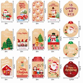 Christmas Tags for Gifts, 15 Designs Kraft Paper Christmas Gift Tags with String Hanging Name Tags Labels for Christmas Gift Wrap, DIY Arts and Crafts, Christmas Party(2 x 3.5 Inch)