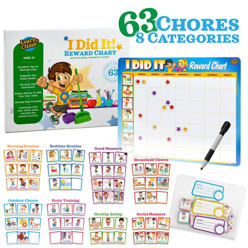 Learn & Climb Kids Responsibility Chart Magnetic Board, 63 Chores,