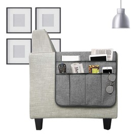 IPENNY Anti-Slip Couch Sofa Armrest Organiser Chair Bedside Storage Pocket TV Remote Holder Bed Storage Pocket Bag for Cellphone Notepad Book Magazines Holder Pouch (#B1-Gray (cotton + linen fabric))
