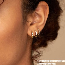 Finrezio 3 Pairs Gold Hoop Earrings Set for Women 14K Gold Filled Small Huggie Hoop Earrings with Sterling Silver Post Trendy Chunky Gold Hoops Thick Hoop Earring Stacks for Multiple Piercing