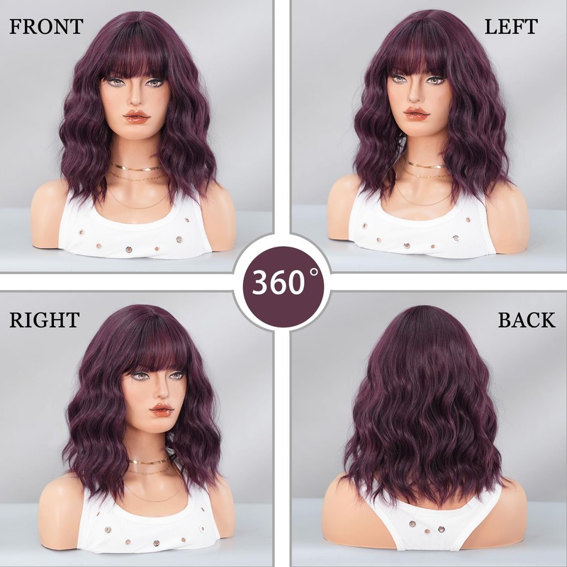 PARK YUN Dark Purple Short Bob Wavy Wig with Bang